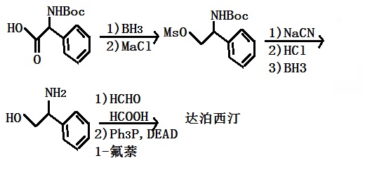 以 N-Boc-(R)-苯基甘氨酸為原料合成達泊西汀的路線